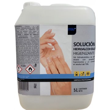 Gel hidroalcohólico de rápido secado con propiedades higienizantes y un contenido en alcohol del 70%. Envase 5 Litros